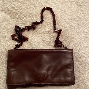 Prada brown leather purse with tortoise shell shoulder strap